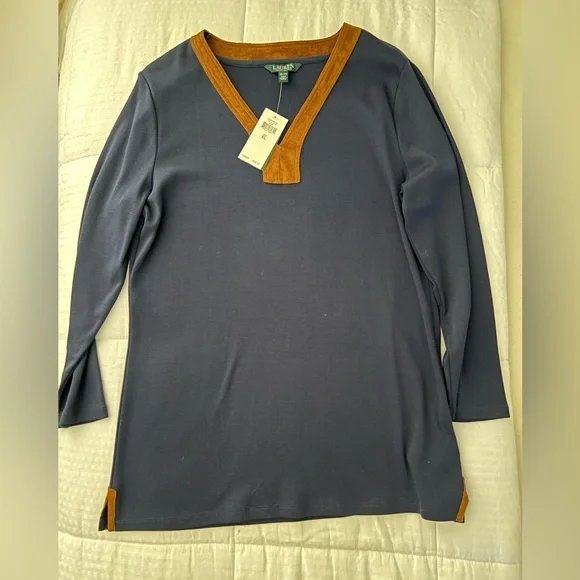 Lauren by Ralph Lauren tunic type shirt. Blue with faux suede trim.   Size XL - Picture 11 of 12